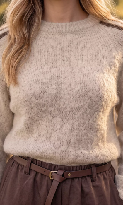 trui terra di siena beige met streep op de mouw (2)